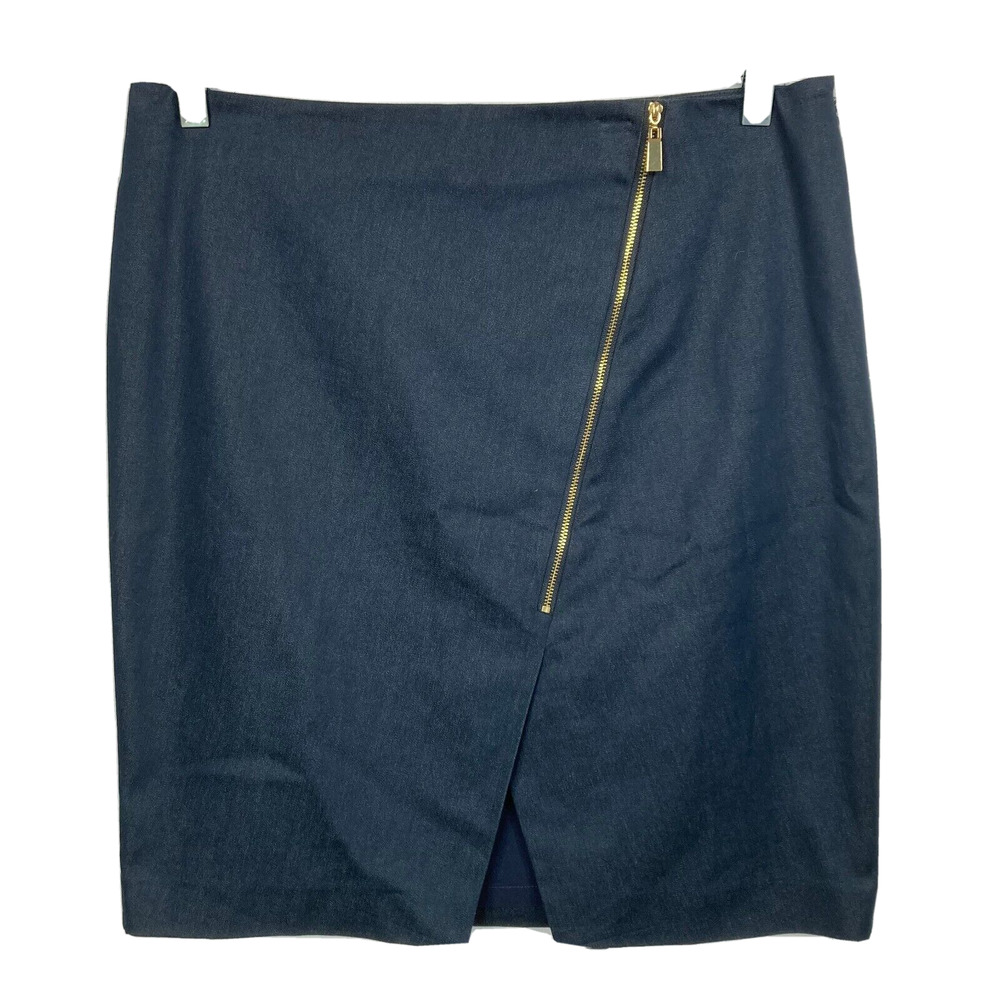 Vince‎ Camuto Skirt Womens Sz 12 Pencil Navy Cotton Knit Gold Zipper Front Mini